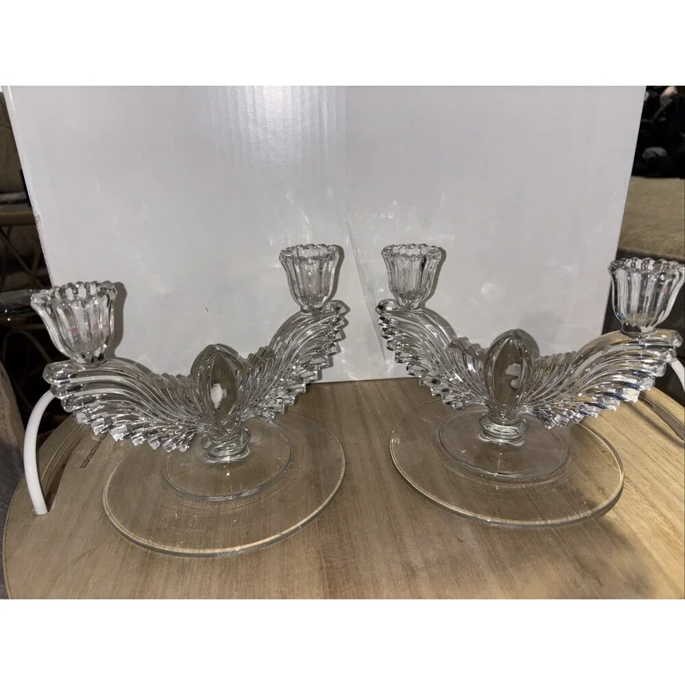 Set Of Two Art Deco Pressed Glass Winged Double Candle Holders Clear Angel Bird